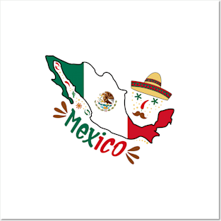 Mexico Flag inside a Map and a Sombrero for the Mexican Flag Day Posters and Art